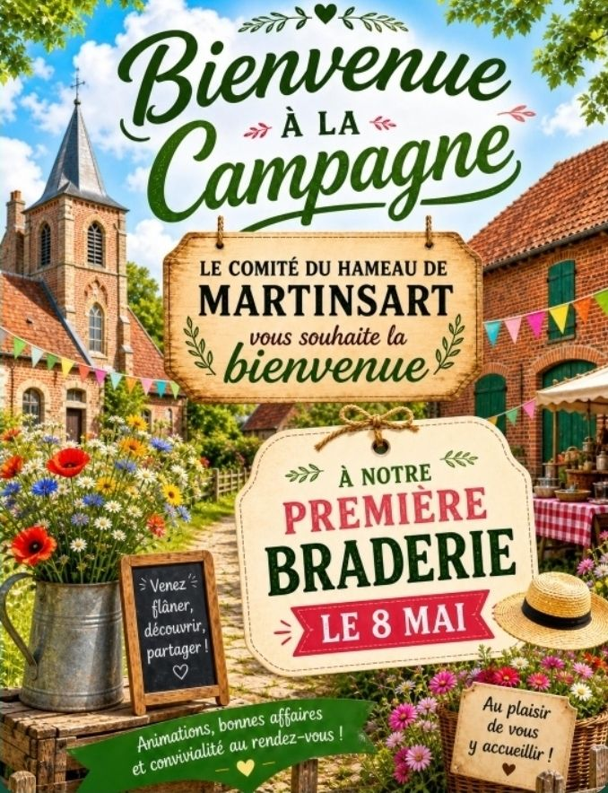 Peut être une image de texte qui dit Bienvenue הב Campagne तो À À LA ٢ LE COMITÉ DU HAMEAU DE MARTINSART bienvenue vous souhaite la क À NOTRE 公 PREMIÈRE BRADERIE LE 8 MAI Venez flaner découvrir par artag