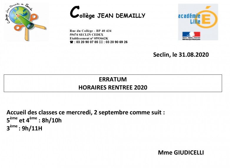 horaires rentrée 2020